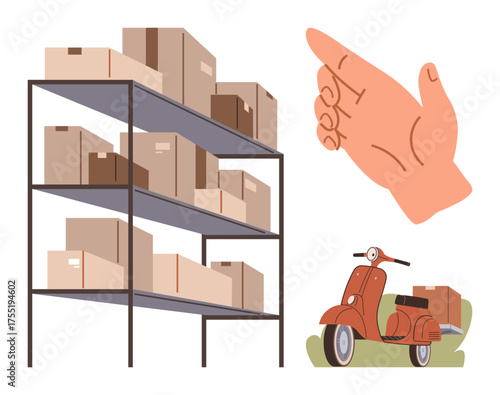 Stacked shelves with cardboard boxes, a hand gesture pointing right, and a scooter carrying parcels. Ideal for delivery, e-commerce, organization, storage, supply chain shipping logistics. Simple