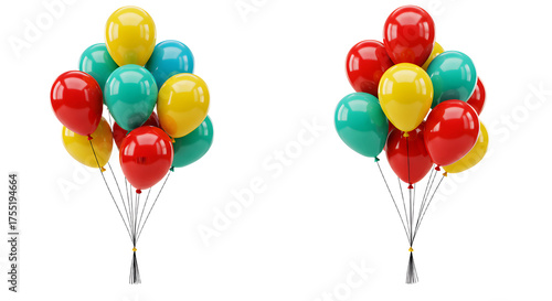 Colorful red, yellow, and teal balloons floating against white background, perfect for celebrations and parties