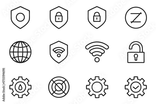 Twelve black and white line art icons for security and technology Keywords: shield, lock, unlocked padlock