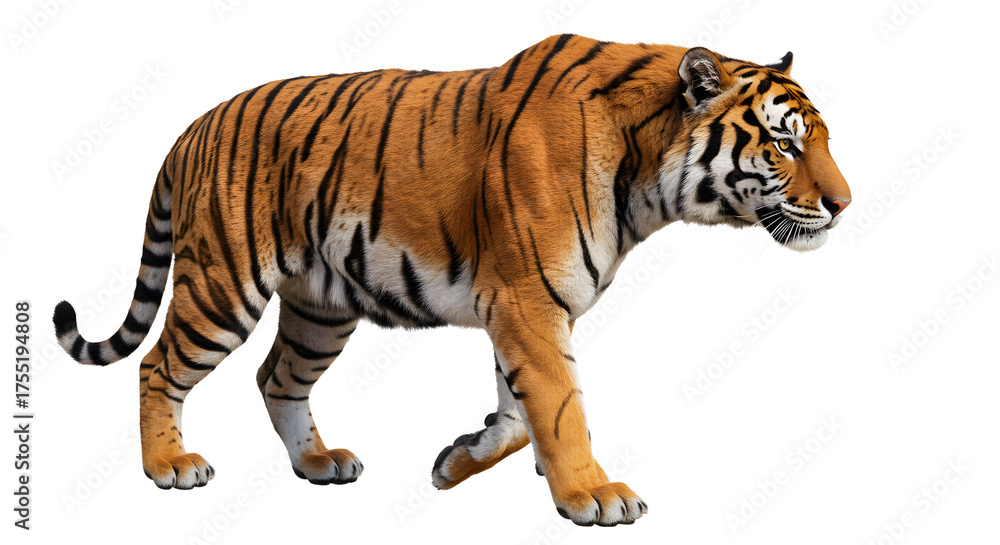 Obraz premium Siberian tiger walking isolated on white background, big wild cat in natural pose, majestic predator perfect for wildlife and nature projects