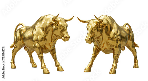 Golden bull statues facing each other symbolizing strength, power, and financial markets, ideal for business and investment concepts