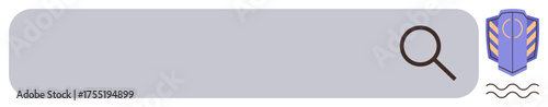 Search bar with magnifying glass icon on the left and shield element on the right. Ideal for search functionality, security, privacy, browsing, data protection, navigation, simple flat metaphor