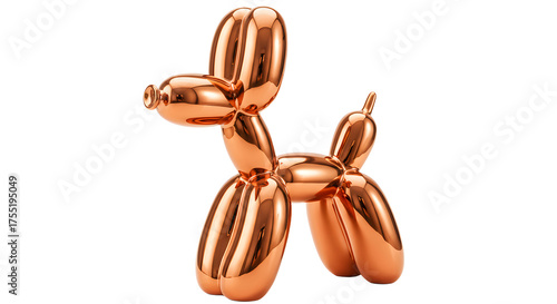 Shiny copper balloon dog sculpture isolated on black background, modern party decoration and playful art piece