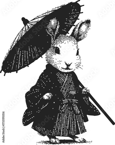 Rabbit in kimono holding parasol sketch, hand drawn vintage style — stock vector