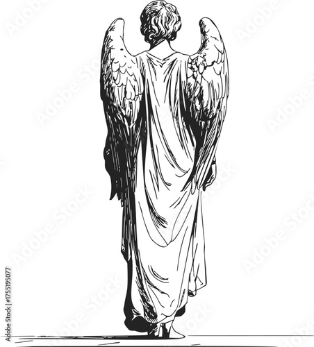 Angel sketch hand drawn rear view with wings and robe — stock vector