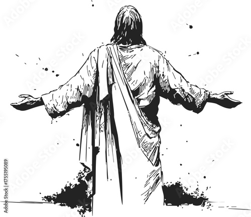 Jesus Christ sketch hand drawn open arms back view religious scene — stock vector