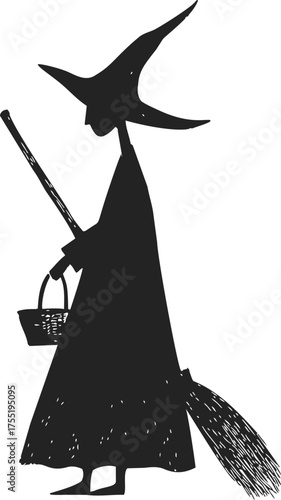 Witch silhouette with pointed hat, broomstick, and basket, hand drawn sketch style — stock vector