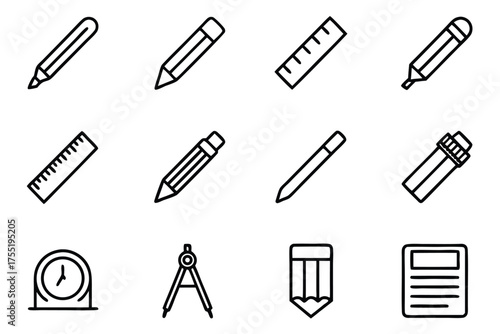 Twelve outline icons for drawing, writing, and measurement tools vector illustration