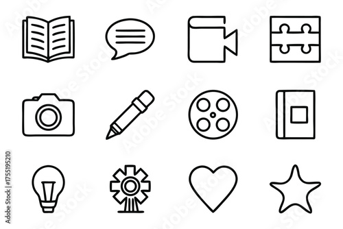 Twelve Outline Icons for Creativity Education and Communication book open book