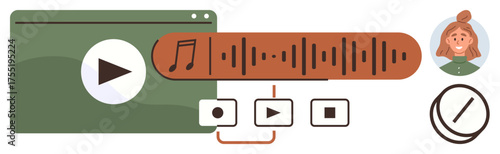 Audio waveforms, a video screen, user avatar, and playback controls. Ideal for media production, podcasting, editing, creativity technology content creation and communication. Simple flat metaphor