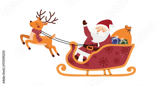 Santa Claus riding sleigh with reindeer and gifts. Cute Christmas vector illustration in flat style. Winter holiday scene isolated on white background.