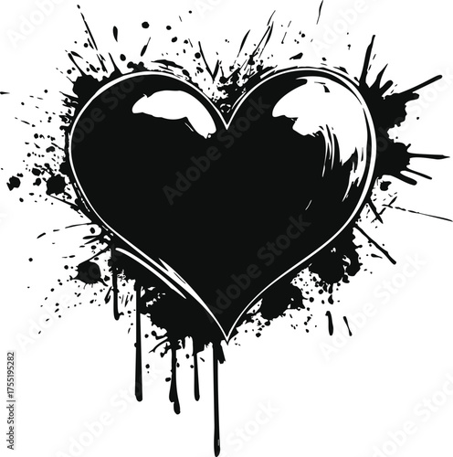 Black heart sketch with ink splatter, hand drawn grunge style — stock vector