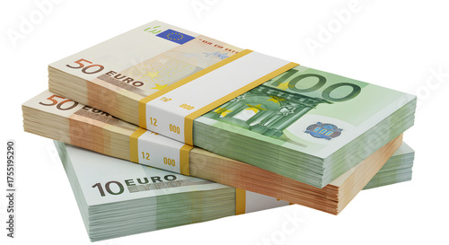 Stacks of euro banknotes in denominations of 10, 50, and 100 euros representing European currency and finance