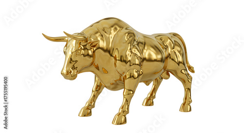 Shiny golden bull statue isolated on white background symbolizing wealth and power, perfect for finance and investment themes