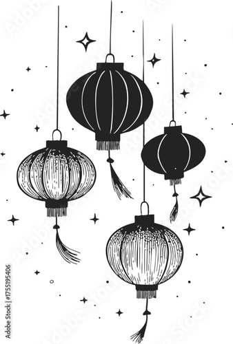 Chinese lanterns sketch hand drawn with tassels and stars festive decoration — stock vector