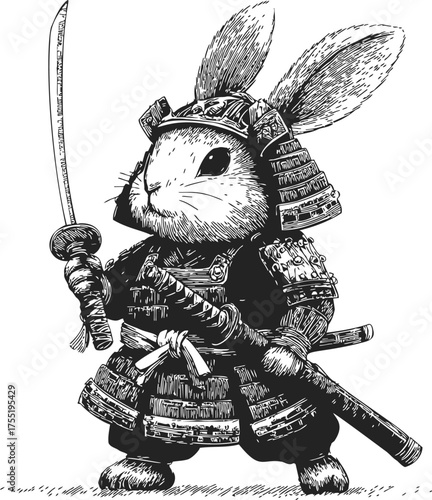 Rabbit samurai sketch, hand drawn in armor with katana sword — stock vector
