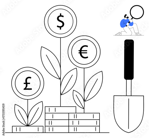 Currency sign plants growing atop coin stacks, small figure tending garden with magnifier and shovel. Ideal for finance, investment, growth, wealth, strategy, sustainability planning. Simple flat