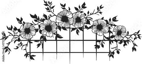 Floral trellis sketch, hand drawn flowers and leaves on lattice grid — stock vector