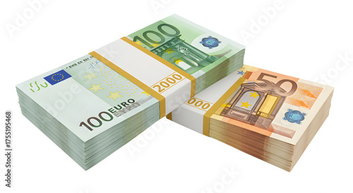 Stacks of euro banknotes in various denominations including 100, 200, and 50 euros - useful for financial, banking, and economic concepts