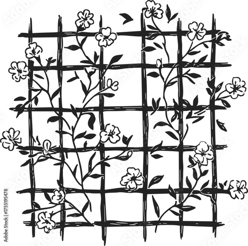 Flower trellis sketch, hand drawn climbing flowers on garden lattice — stock vector