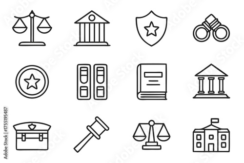 Twelve outline icons related to law and justice scales of justice courthouse