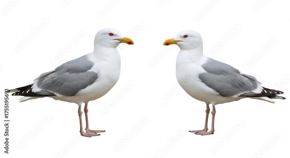 Fototapeta premium Two seagulls facing each other isolated on white background, coastal birds side by side, perfect for wildlife and nature projects