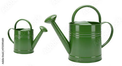 Two green metal watering cans isolated on white background, gardening tools for plant care and watering