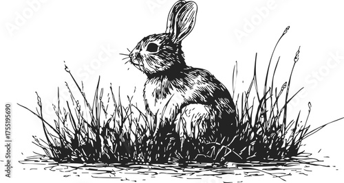 Rabbit sitting in grass, hand drawn sketch line art illustration — stock vector