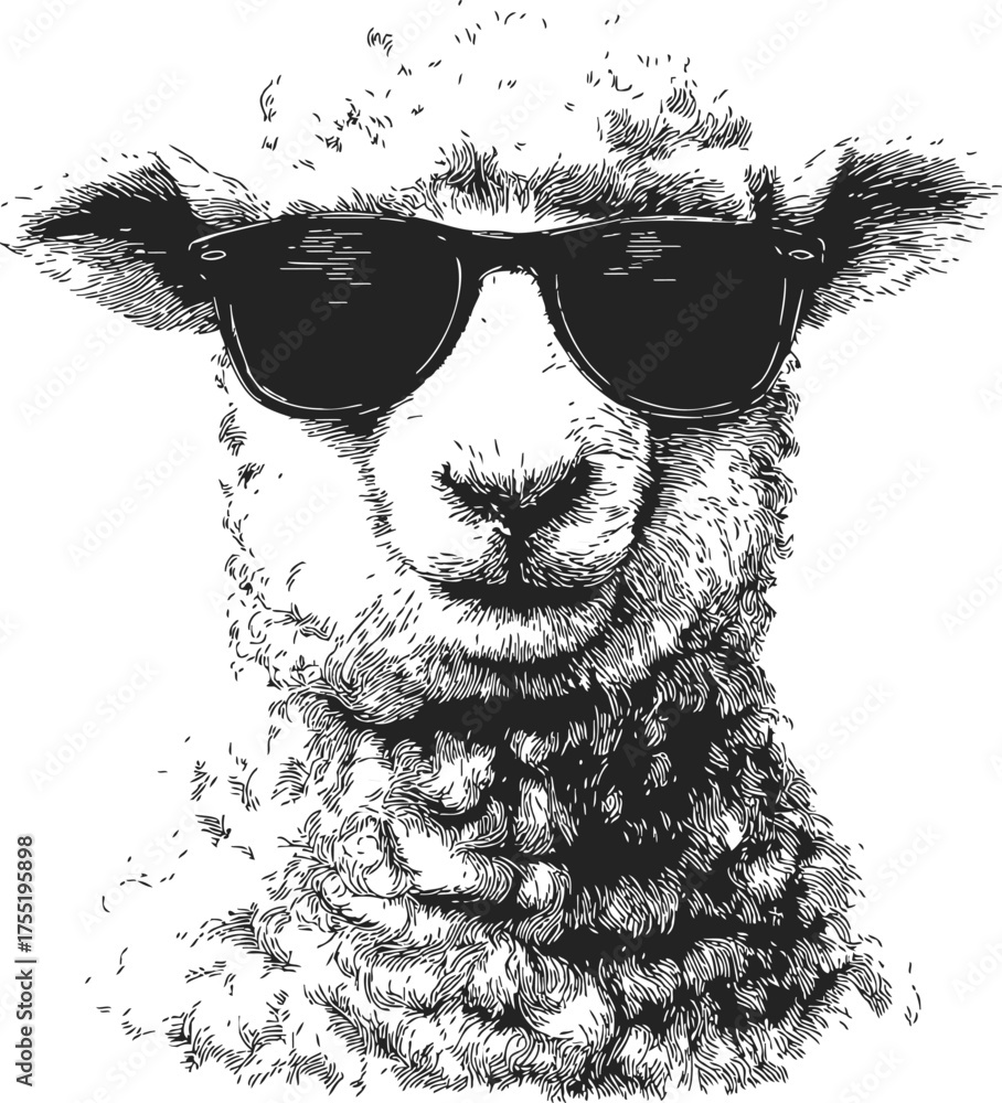 Fototapeta premium Sheep wearing sunglasses hand drawn sketch line art portrait — stock vector