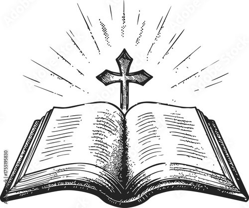 Bible sketch hand drawn with cross and radiant lines — stock vector