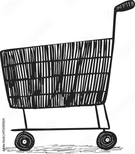 Shopping cart sketch hand drawn style with bold lines and simple wheels — stock vector