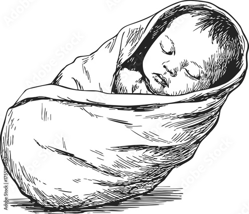 Baby sleeping swaddled, sketch hand drawn, peaceful newborn wrapped in blanket — stock vector