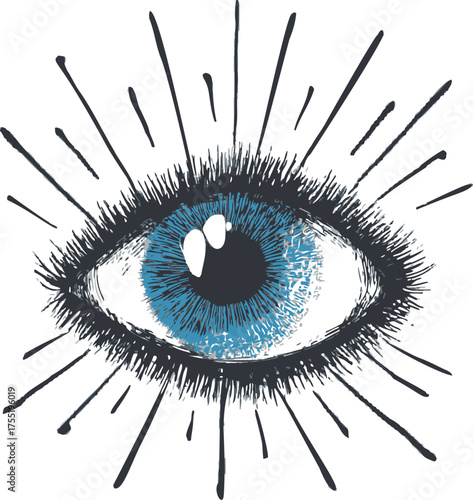 Blue eye with radiating lines, hand drawn sketch style illustration — stock vector
