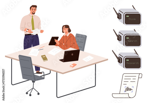 Professionals collaborating at a table with laptops and documents, retro broadcast devices labeled think, search, research. Ideal for teamwork, innovation, brainstorming, retro tech, strategy