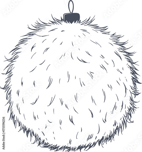 Faux fur Christmas ornament sketch, hand drawn fluffy holiday ball decoration — stock vector