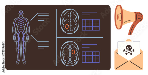 Human anatomy diagram with brain scan, neural connections, and alert signs thumbs up megaphone and envelope with skull. Ideal for health, neuroscience, communication, cybersecurity, medical risk