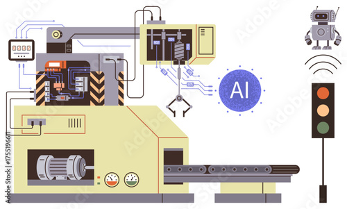 Advanced AI-powered robotic arm operating industrial machinery. Features control panel, conveyor belt, robot, traffic signal. Ideal for innovation, automation, efficiency, IoT technology