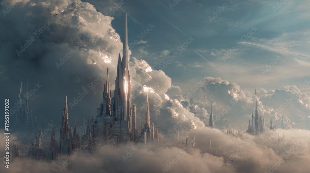 Fototapeta premium Enchanting towers pierce the sky surrounded by fluffy clouds under a setting sun.