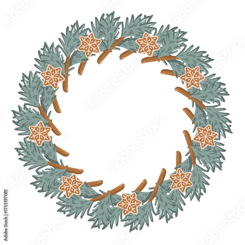 Round Christmas wreath with fir branches and gingerbread cookies. Cartoon Vector isolated illustration on white background