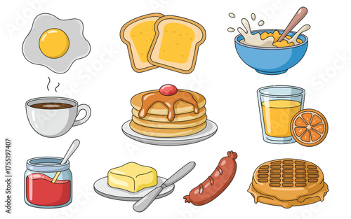 Hand-drawn doodle breakfast vector set, icons of fried egg, toast, cereal bowl, pancakes, coffee cup, orange juice, butter, jam jar, sausage, waffle, morning food illustrations.