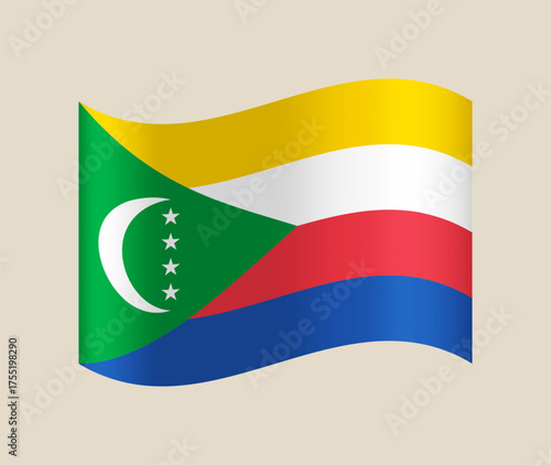 comoros wavy flag vector illustration. Modern vibrant flag emblem design in authentic national colors. Isolated vector design