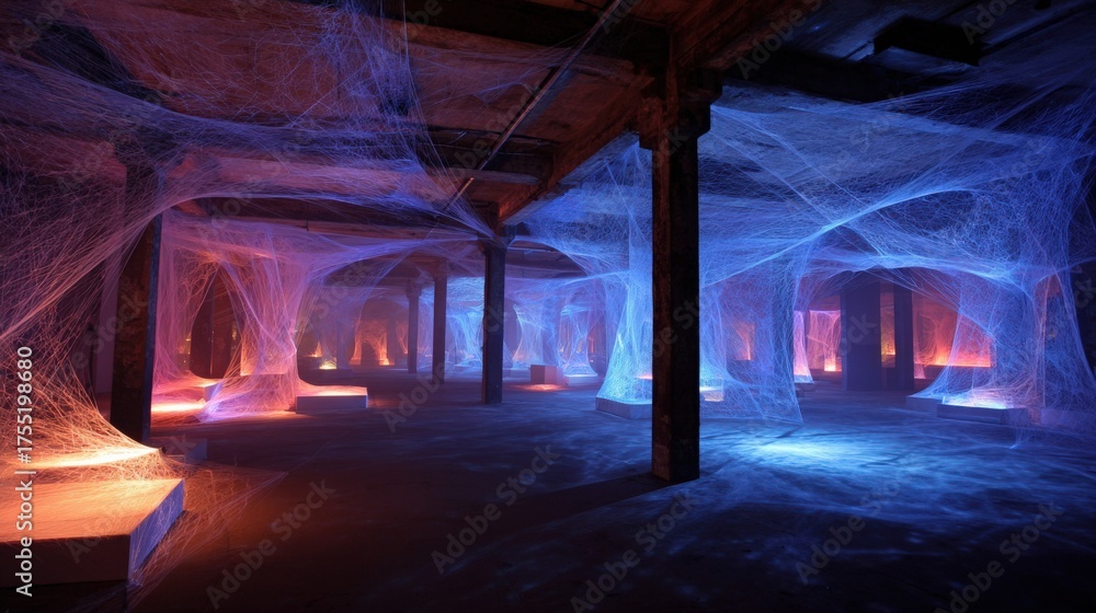 Obraz premium Abstract Space with Colorful Light and Web-like Structures