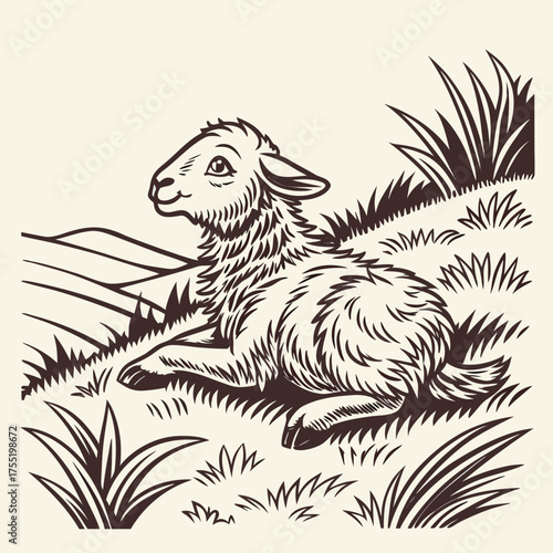Hand Drawn Lamb Sitting on Grass Vintage Rough Woodcut Engraving Linocut Style Vector Illustration