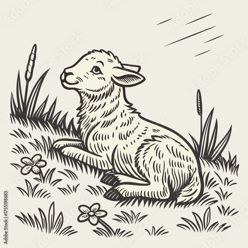 Hand Drawn Lamb Sitting on Grass Vintage Rough Woodcut Engraving Linocut Style Vector Illustration