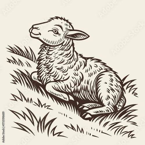 Hand Drawn Lamb Sitting on Grass Vintage Rough Woodcut Engraving Linocut Style Vector Illustration