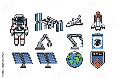 Space exploration icons set featuring astronaut, space shuttle, and earth with solar panels. Vector illustration