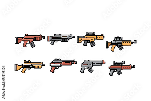 Pixel art collection of eight assault weapons in various colors and designs on white background. Vector illustration