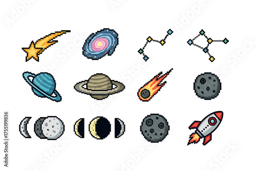 Pixel art space icons: galaxies, planets, moons, and rocket. Vector illustration