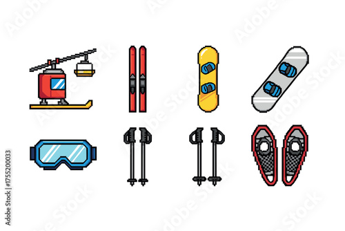 Winter sports equipment icons: skiing and snowboarding gear in pixel art. Vector illustration