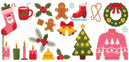 Festive Christmas icon set, vector illustrations of stockings, gingerbread men, holiday sweaters, seasonal decorations, winter holiday graphics, Xmas design elements, hand-drawn clipart collection for